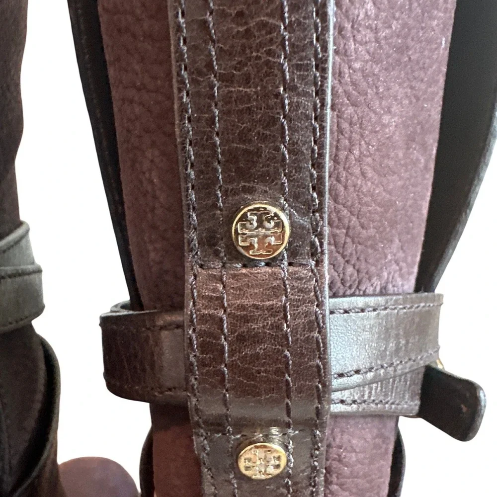 Tory Burch Brown Pebbled Leather Wrap Strap Heeled Ankle Boots Size 9